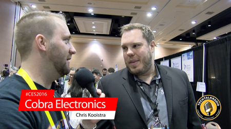 Photo of Justin Lemme of TechtalkRadio talking with Chris Kooistra of Cobra Electronics from CES2016