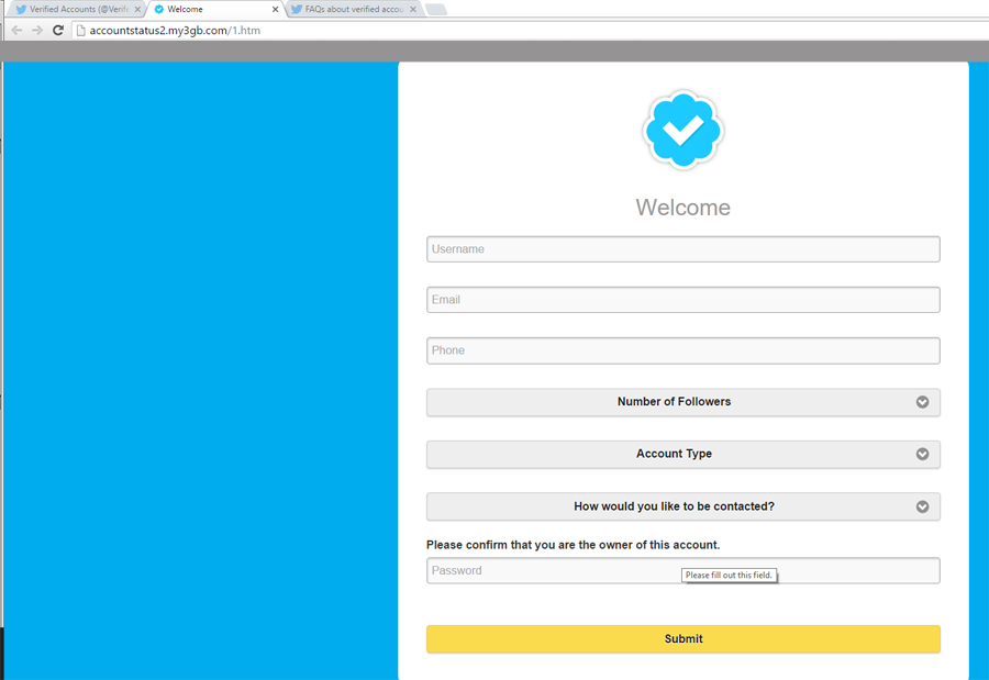 screen capture of Phishing attempt for Twitter Verification